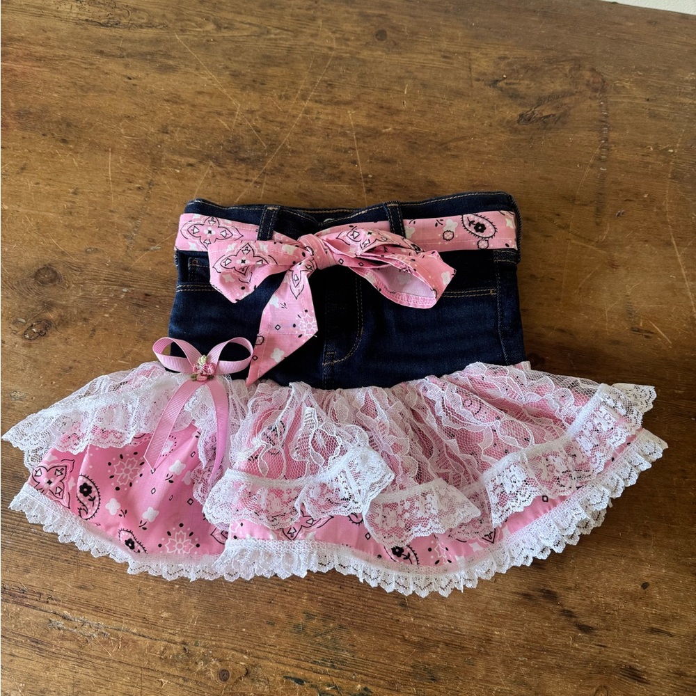Pink and Denim Ruffled Skirt with Lace